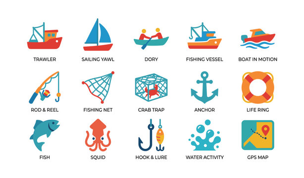 Marine and fishing icons of boats and equipment on white background