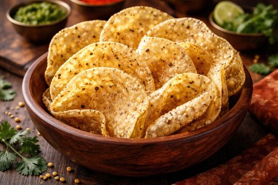 Wooden bowl holding crunchy mung dal and urad dal papad for authentic Indian side servings