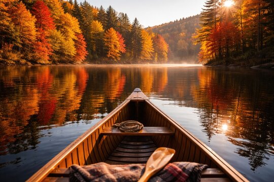 Relaxed canoe navigating reflective lake water with bright fall trees in the background