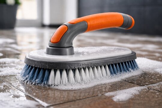 Floor scrubber brush with comfortable orange handle for cleaning