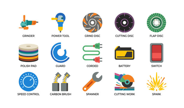 Grinding tools and accessories arranged in grid on white background