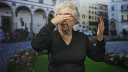 Woman pinching nose and adjusting glasses while standing in a street plaza with buildings and flowerbeds  disgust. © Krakenimages.com