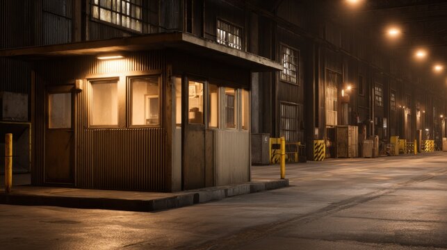 A dimly lit industrial checkpoint booth sits amidst an empty warehouse scene, illuminated by overhead lights