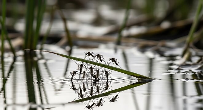 A group of mosquitoes gathered on a marsh reed over water