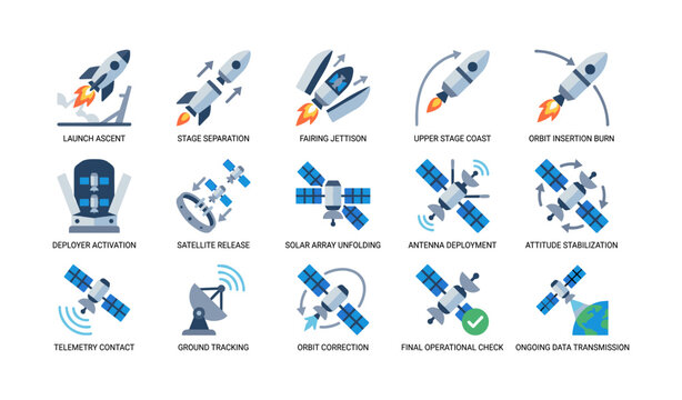 Satellite launch and operations icons arranged in grid layout