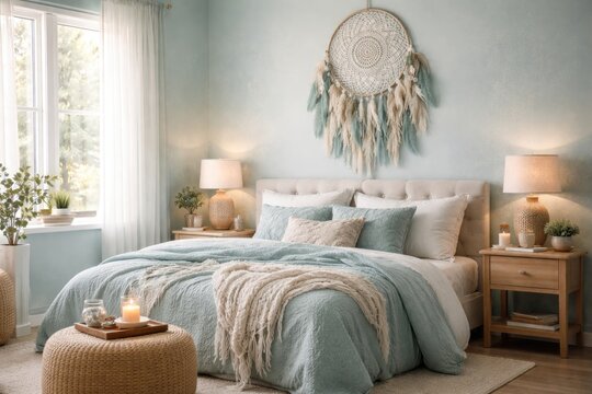 Aquamarine toned bedroom with a wall adorned by a hanging dream catcher