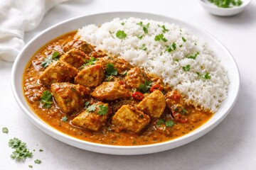 Fototapeta premium Savory chicken curry and white rice displayed on a crisp white surface
