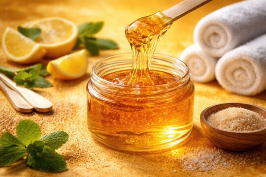 Hair removal sugaring paste displayed on a textured vibrant background