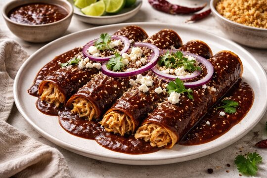 Classic enchiladas in Latin American cuisine featuring mole poblano and spiced chocolate salsa presented on a white backdrop