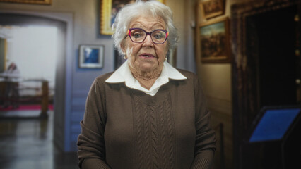 Elderly woman wearing glasses stands looking to the side near framed paintings and a display kiosk in an art museum building quiet contemplation. © Krakenimages.com