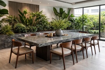 Fototapeta premium Sophisticated contemporary design with a grey marble dining table, wooden seating, and vivid planter greenery