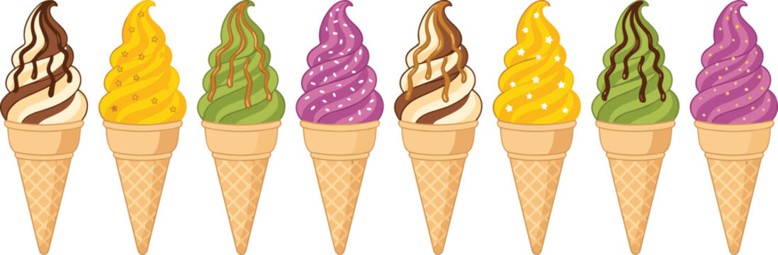 Set of 8 Ice Cream Cones Icons with Swirls and Toppings in Various Flavors for Summer Dessert and Food Illustrations