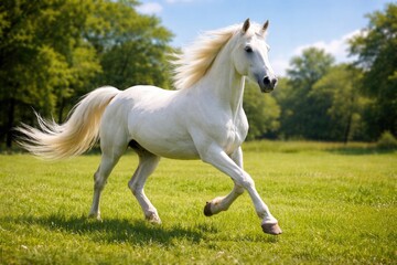 Obraz premium Carefree white horse playfully trotting along a fresh green lawn on a clear summer day full length