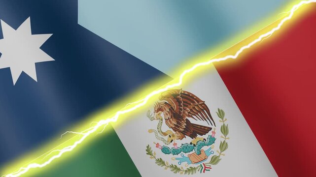 Two waving flags USA State of Minnesota and Mexico with diagonal lightning seamless, 4k loop