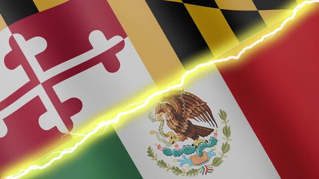 Two waving flags USA State of Maryland and Mexico with diagonal lightning seamless, 4k loop