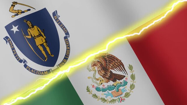 Two waving flags USA State of Massachusetts and Mexico with diagonal lightning seamless, 4k loop