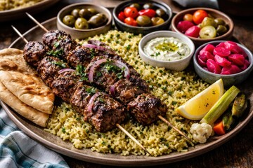Obraz premium Greek beef souvlaki meal with aromatic rice and a variety of pickled vegetable sides