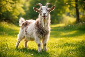 Obraz premium Playful bearded goat enjoying vibrant green grass lawn full length summer scene