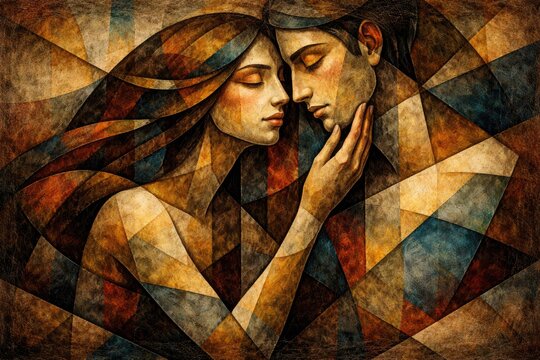 Textured paper cubism depiction of two lovers in abstract form