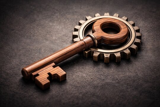 Wooden key paired with gear illustrating business strategy on grey textured surface