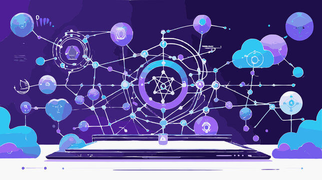 Computer screen displays a complex web of interconnected digital nodes and abstract data structures representing a global network.