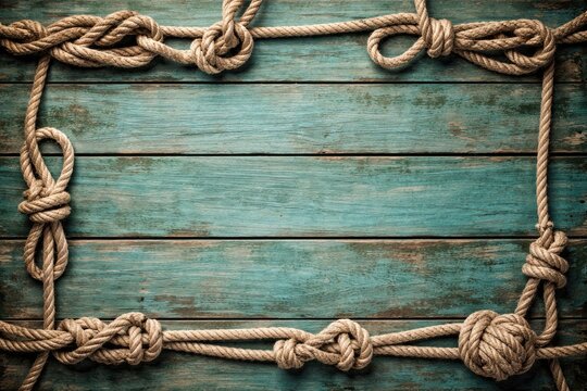 Turquoise wooden plank backdrop featuring fishman rope knots and copy space