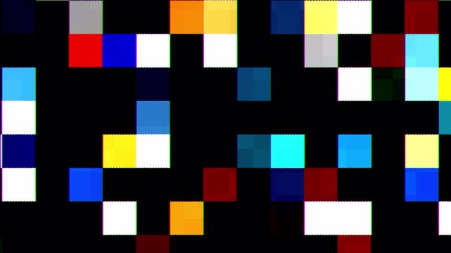 Dynamic abstract glitch mosaic with colorful geometric pixel motion background. Neon square grid animation with vibrant digital block transition. Colorful digital glitch pattern with pixel mosaic. 4K