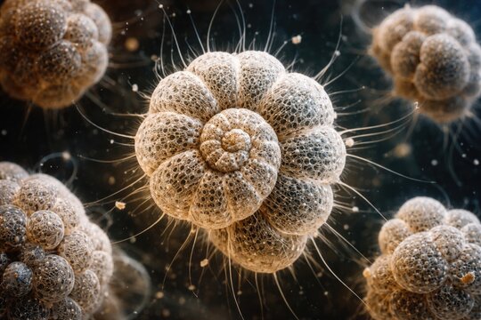 Close up 400x magnified visualization of foraminifera, marine amoeboid protist species for study