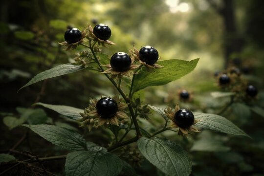 Wild Atropa belladonna plant bearing harmful berries in natural setting