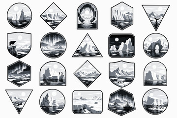 Premium Arctic Iceberg Badge Logo Sheet with 20 Monochrome Scenic Geometric Emblems. Premium Black and White SVG Vector Collection of Layered Landscape Badge Logo Marks, arctic badges © Alex