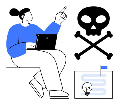 Cybersecurity risks. Cybersecurity challenges illustrated with hacker symbol, user interacting with technology, and progress workflow. Cybersecurity protection for networks, data, and systems. Ideal