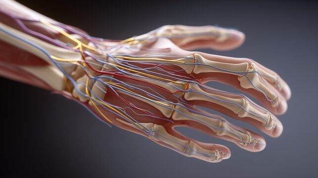 Annotated human hand and wrist anatomy diagram showing carpal bones, extensor tendons, ulnar and radial arteries, and median nerve pathway with ergonomic risk zone highlights for occupational therap
