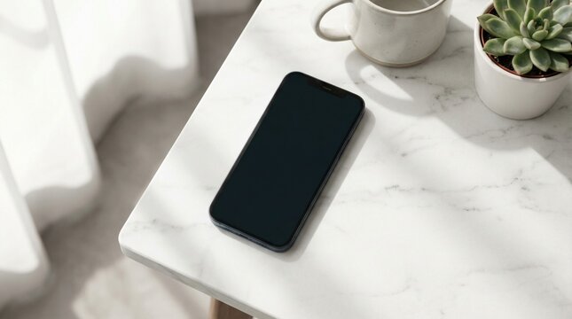 Minimalist iPhone mockup on marble table with coffee cup and succulent