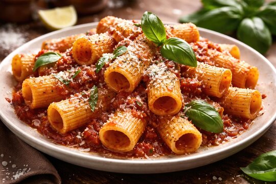 Savory rigatoni pasta made from scratch with cheese and fragrant basil