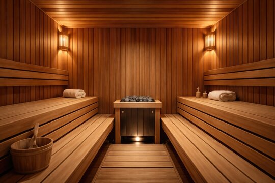 Unfilled sauna chamber with front facing viewpoint