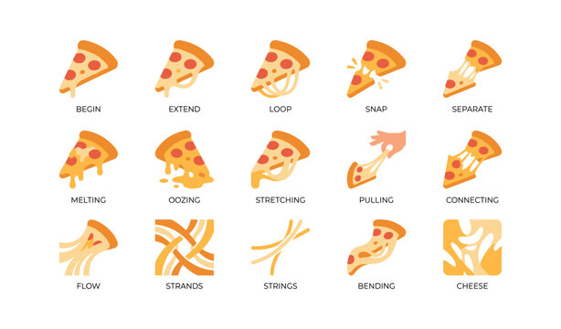 Pizza slice cheese stretch icons showing melting strings and flow