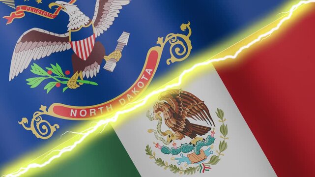 Two waving flags USA State of North Dakota and Mexico with diagonal lightning seamless, 4k loop