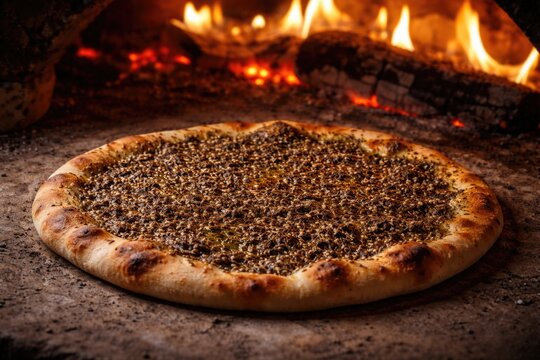 Rustic manouche pizza with zaatar baking in a wood fired oven