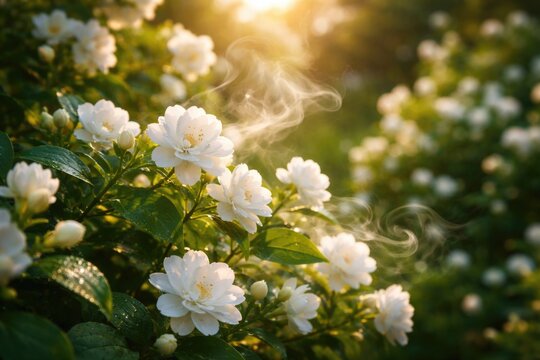 Summer white jasminum sambac flowers spreading sweet floral aroma outdoors