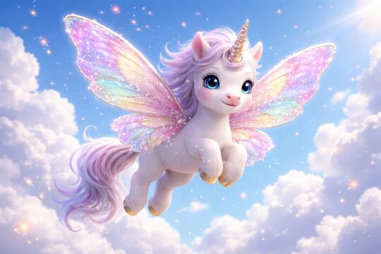 Playful tiny unicorn hovering in sunny sky with sparkling butterfly wings