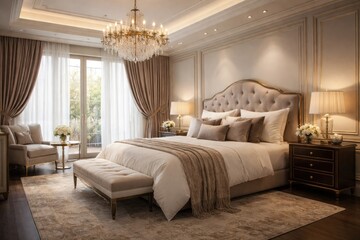 Fototapeta premium Upscale room interior decorated with a soft bed and elegant accents