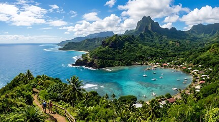 Fototapeta premium Lush Tropical Island Bay Overlooking Turquoise Lagoon and Volcanic Mountains