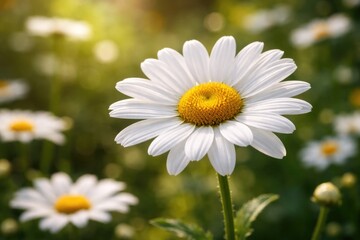 Fototapeta premium Focused view on a white daisy blossom with a gentle blur of its outdoor environment