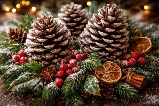 Traditional festive pine cone decoration with natural textures