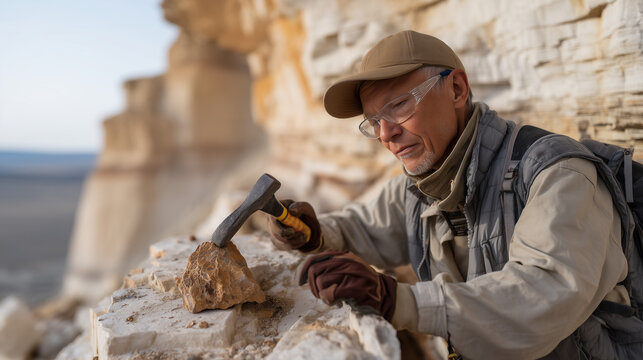 geologist cracking open rock sample with geological hammer on exposed limestone cliff face, hand lens examining crystal structure, field vest with sample bags, stratigraphy layers visible in cliff s