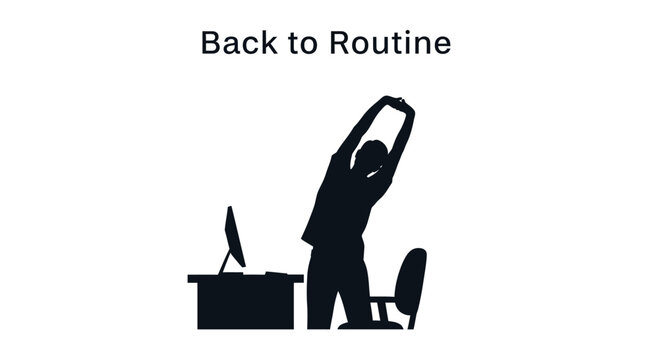Silhouette of a worker stretching at their office desk for back to routine concept.