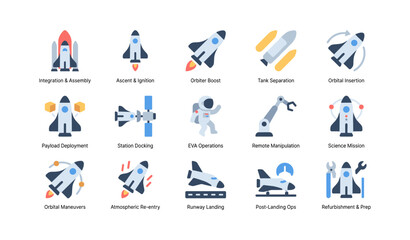 Fototapeta premium Spacecraft and mission icons for launch orbit and landing operations