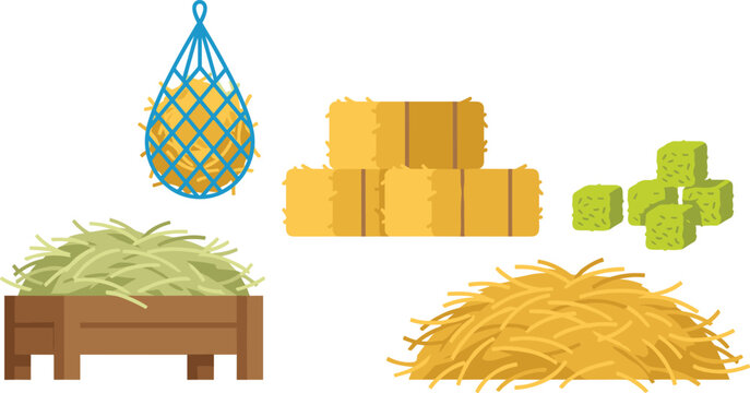 Set of 5 Hay and Feed Icons, Featuring Hay Bale, Straw Pile, Hay Net, and Cube Feed for Farming, Livestock, and Animal Care Designs