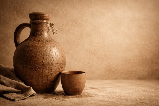 Sepia tinted clay hydration container with generous copy space for messaging