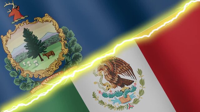 Two waving flags USA State of Vermont and Mexico with diagonal lightning seamless, 4k loop